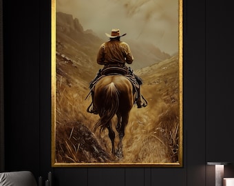 Cowboy Riding Away Canvas Painting, Western Wall Art, Rustic Home Decor, Wild West Horse Art, Country Landscape Art, Perfect Gift
