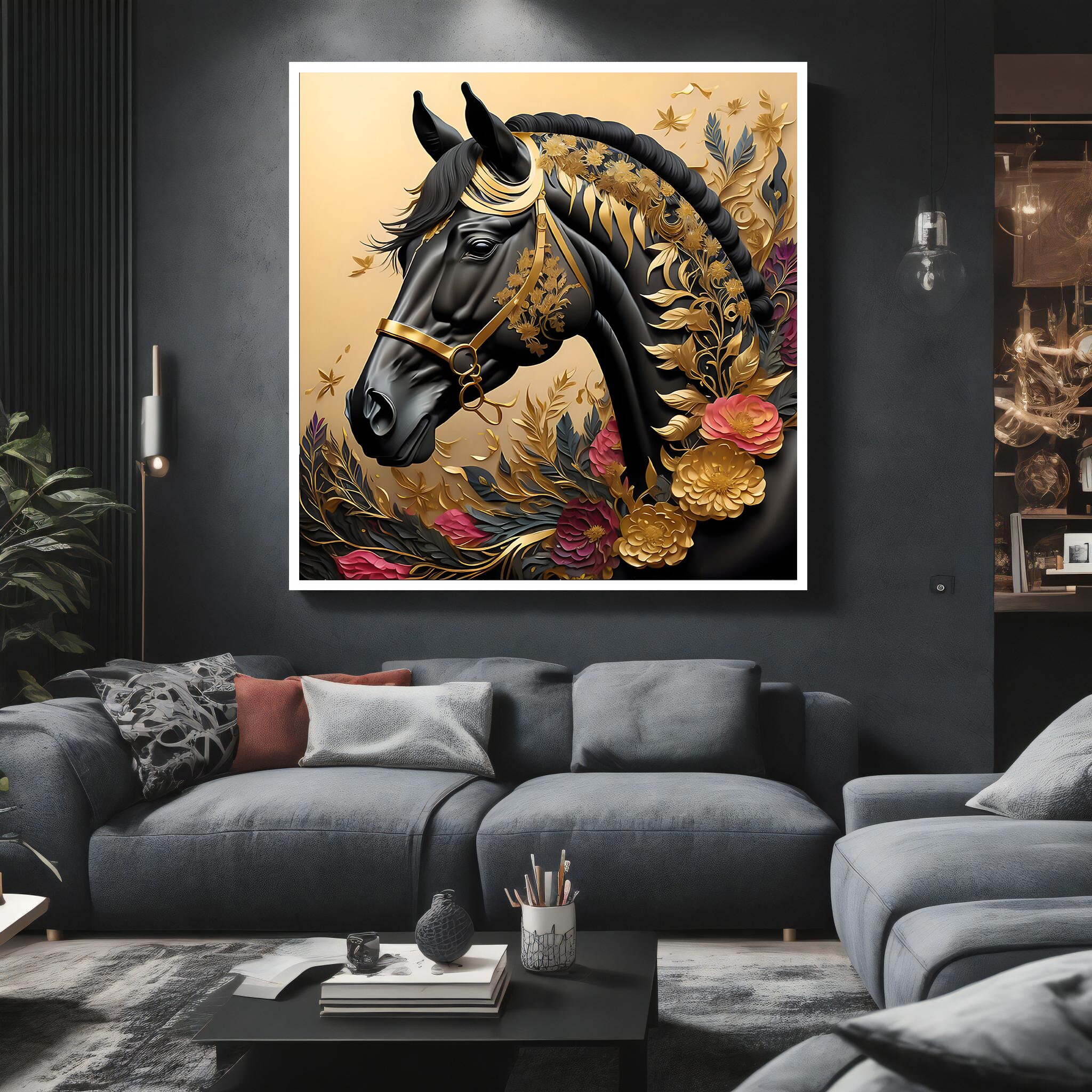 Majestic Black Horse With Golden Floral Design: Luxury Canvas