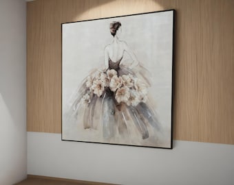 Pintura en lienzo de una elegante mujer moderna con un vestido de fiesta floral: arte impresionante para la decoración contemporánea del hogar