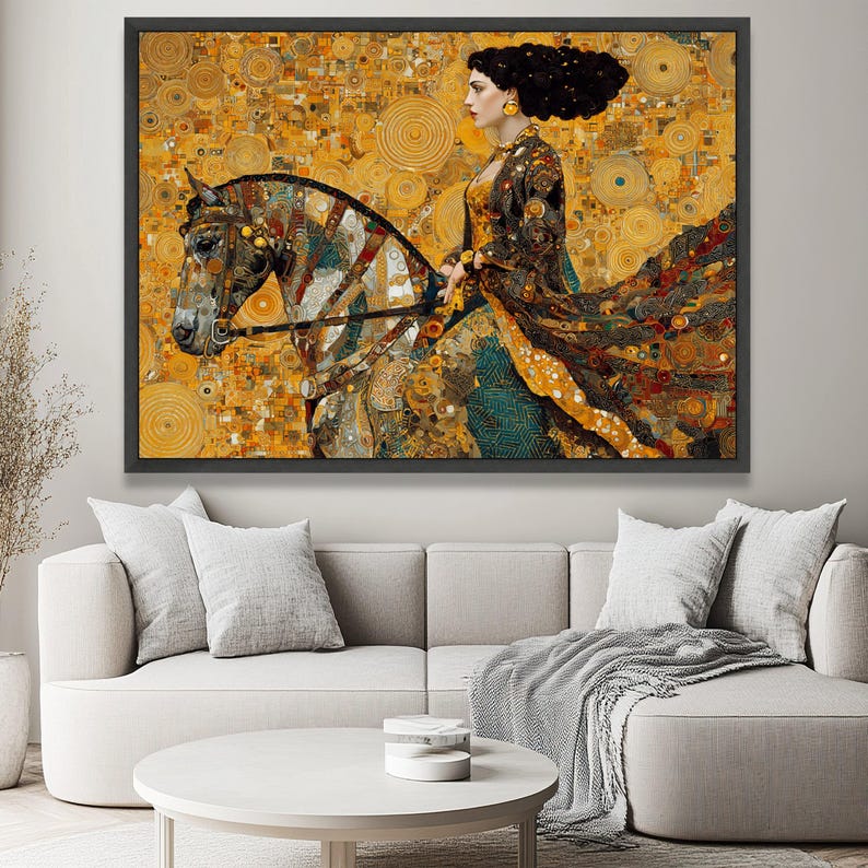 Gustav Klimt Woman on Horse Canvas, Golden Art Nouveau Canvas, Decorative Wall Art, Elegant Home Decor, Classic Art Print image 2