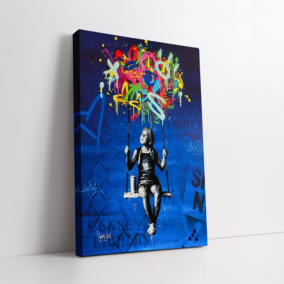 Vibrant Banksy-inspired Graffiti Swing Girl Canvas Art - Bold