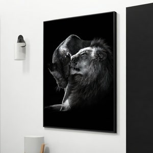 Love of Shadows: Passionate Lion and Lioness Canvas Art, Romantic Animal Wall Decor, Perfect Couple&#39;s Gift