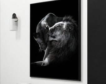 Love of Shadows: Passionate Lion and Lioness Canvas Art, Romantic Animal Wall Decor, Perfect Couple&#39;s Gift