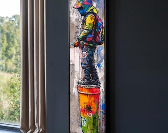 Vibrant Street Art Canvas Painting, Urban Graffiti Boy Artwork, Modern Pop Art Wall Decor, Tall Thin Wall Art, Colorful Artistic Gift Idea