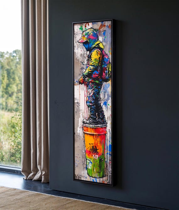 Vibrant Street Art Canvas Painting, Urban Graffiti Boy Artwork