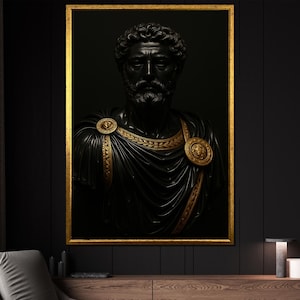Power in stillness – Roman emperor bust canvas painting, dark classical art, ready to hang, gift for history and sculpture lovers
