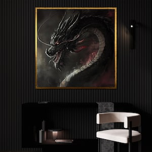 Dark Black Dragon Canvas Painting, Mythical Beast Wall Art for Fantasy Lovers, Dragon Art Print, Fierce Gift for Gothic Home Decor
