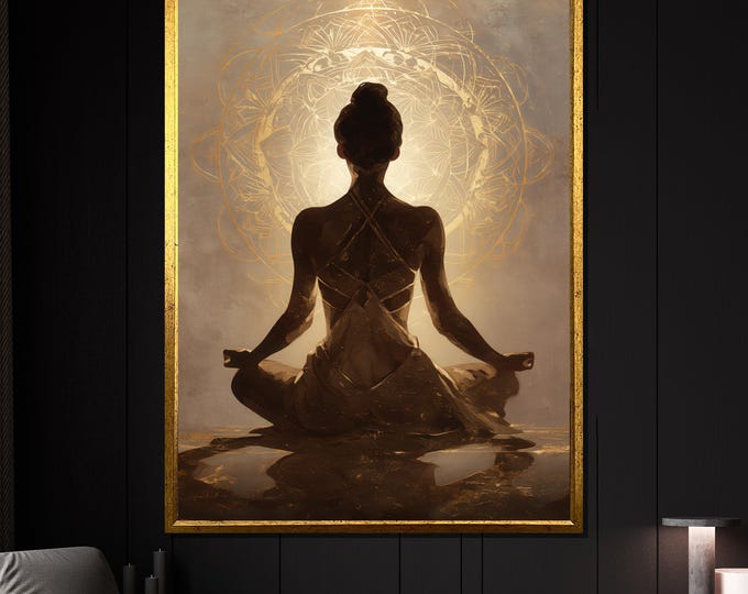 Golden Meditation Woman Canvas Painting - Spiritual Zen Wall Art, Ready to Hang, Mindfulness Gift for Yoga Studio or Calm Home Decor