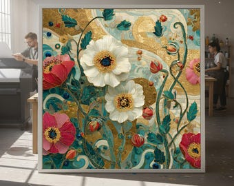 Gustav Klimt Floral Canvas Wall Art, Decorative Flower Painting, Art Nouveau Style Home Decor, Elegant Botanical Canvas, Ready to Hang