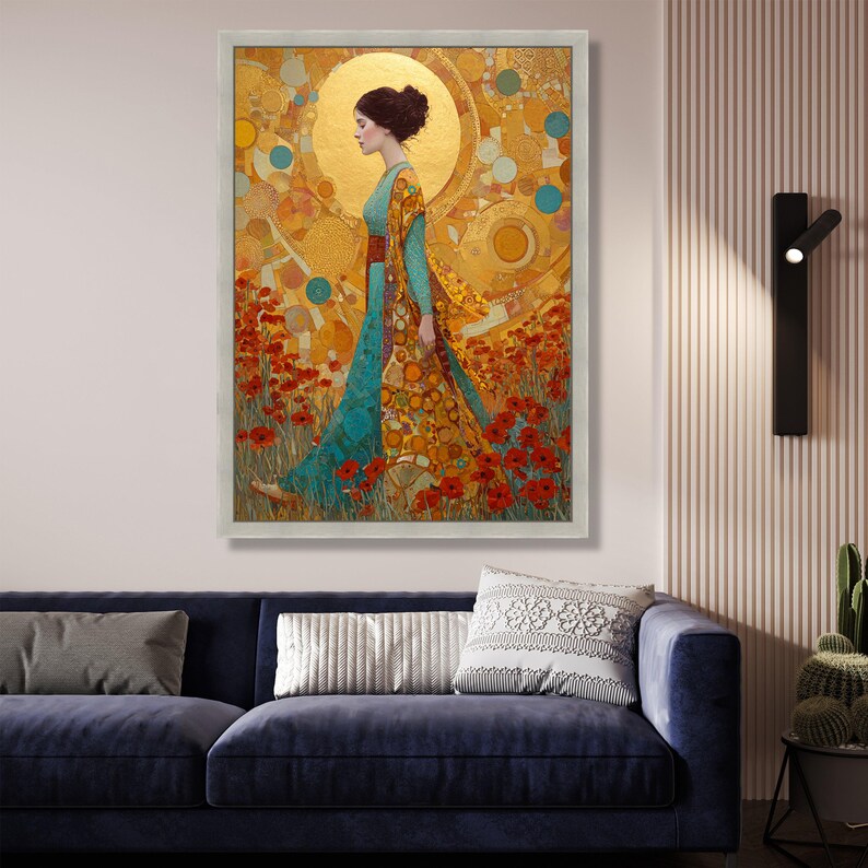 Gustav Klimt Woman in Floral Field Canvas, Golden Art Nouveau Wall Art ...