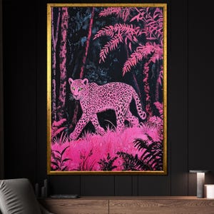 Pink Leopard Canvas Painting in Vibrant Jungle, Bold Safari Wall Art with Neon Colors, Unique Exotic Animal Artwork, Wild Jungle Art Gift