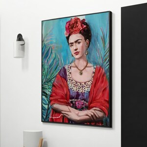 Beauty with a Red Cloak: The Elegance of Frida - Modern Muse of Mexico Canvas Art for Home Decor, Perfect Artistic Gift