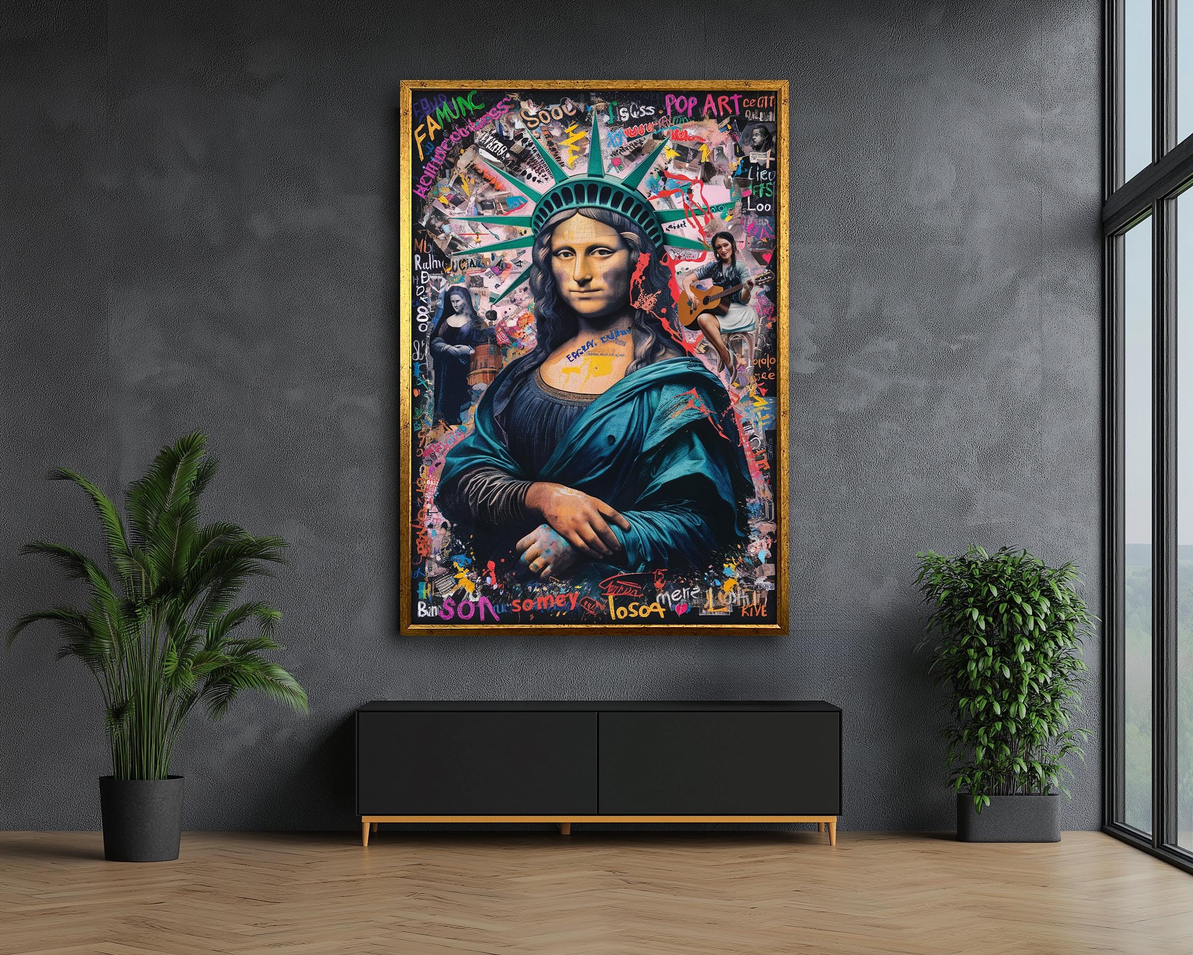 MON キャンバスアート Graffiti Mona Lisa Statue of Liberty Pop Art Canvas Painting Gift