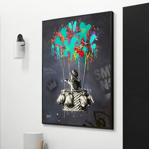 Vibrant Graffiti Balloon Art - Banksy-Inspired Urban Canvas Painting - Unique Street Art Gift for Home Decor