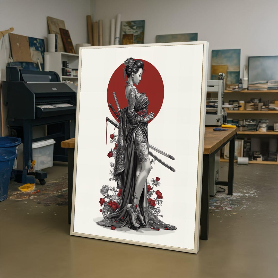 Tattooed Geisha With Samurai Swords Canvas, Japanese Warrior Woman Wall ...