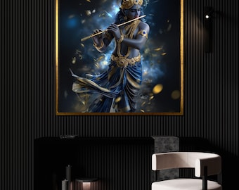 Lord Krishna Playing Flute Canvas Painting, Hindu God Wall Art in Blue and Gold, Divine Indian Home Decor, Spiritual Art Gift