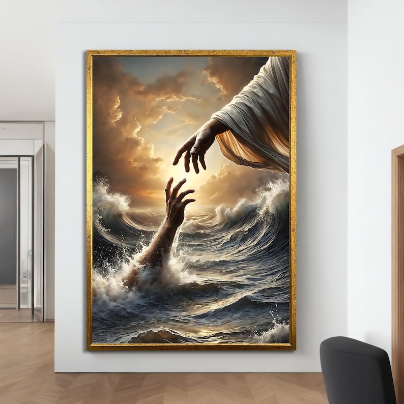 May include: A painting depicting a hand reaching out from a stormy sea towards a hand reaching down from the sky. The sky is a golden yellow with clouds and the sea is a dark blue with white waves.