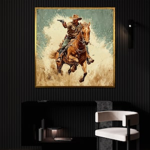 Cowboy Gunfighter Canvas Painting, Western Wall Art, Rustic Home Decor, Wild West Horse Art, Perfect Gift, Vintage Western Decor