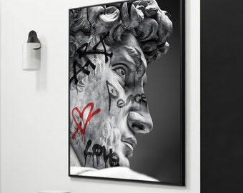 Bold Statue Graffiti Art Canvas Print, Banksy Style Urban Decor, Unique Street Art Gift for Modern Spaces