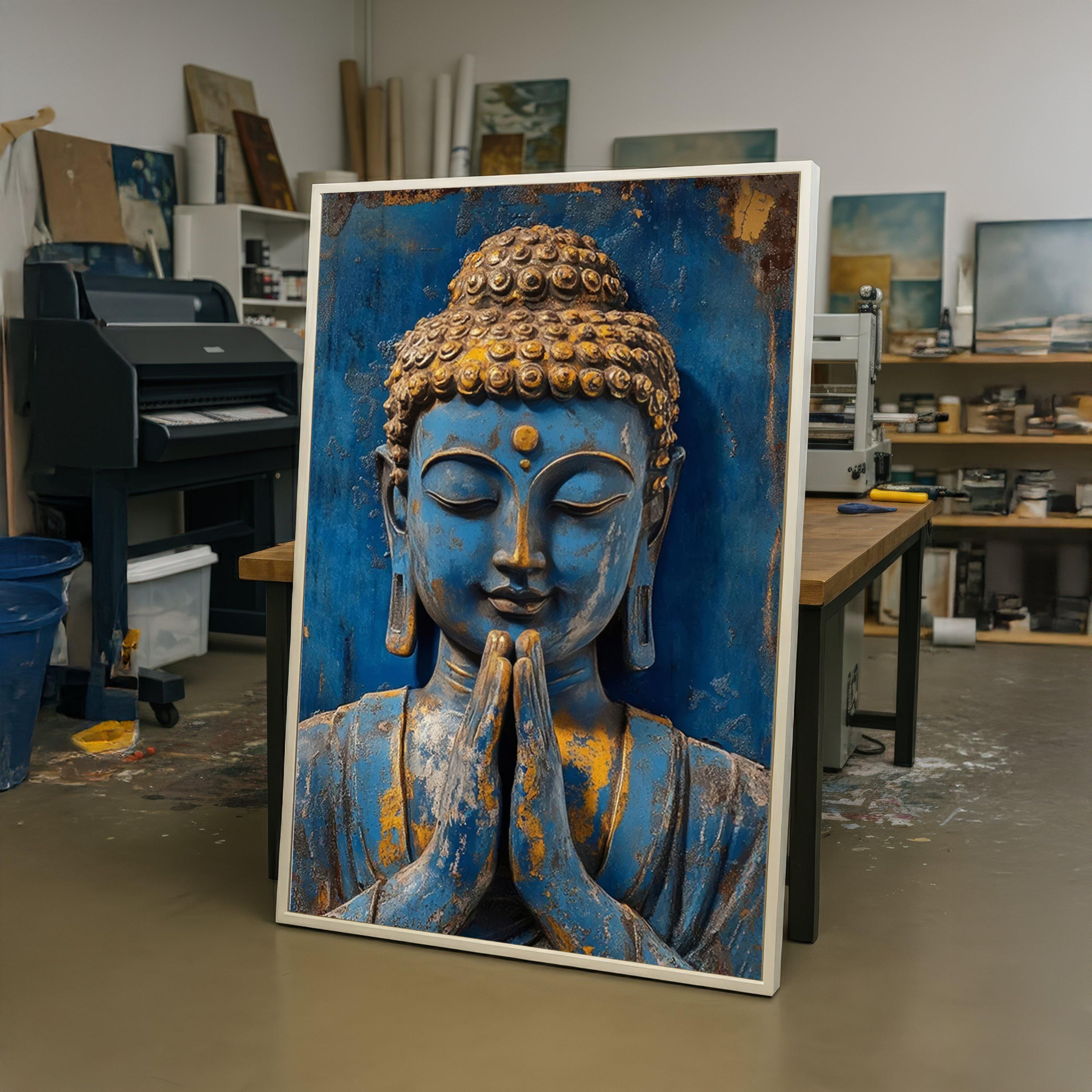 静謐な仏像キャンバスウォールアート、青と金の瞑想装飾