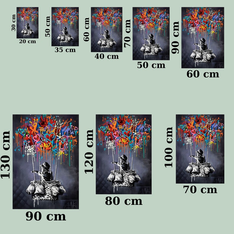 May include: A canvas print featuring a child in a hot air balloon basket, ascending towards colorful graffiti art. The artwork is available in various sizes, including 20 cm x 30 cm, up to 90 cm x 130 cm. The background is a dark, textured surface.