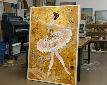 Gustav Klimt Ballerina Canvas, Gold Mosaic Wall Art, Elegant Dance Print, Decorative Ballet Canvas, Modern Art for Home, Elegant Art Gift