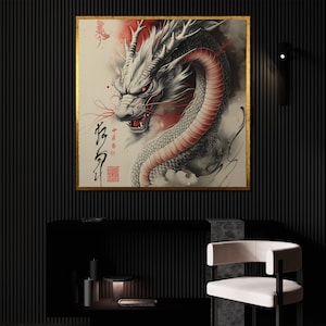 Japanese Dragon Canvas Painting, Oriental Mythology Wall Art, Asian Style Home Decor, Japanese Wall Decor, Powerful Dragon Artwork Gift Idea