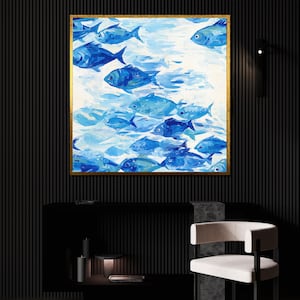 Dipinto su tela raffigurante un pesce azzurro, opera d'arte murale raffigurante un banco di pesci astratti, raffigurante la vita marina costiera, ideale per la casa sulla spiaggia, regalo di arte nautica.