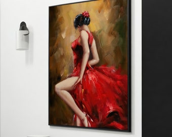Mujer con vestido rojo lienzo arte, elegancia roja ardiente, decoración de pared moderna para un hogar elegante, regalo perfecto para ella