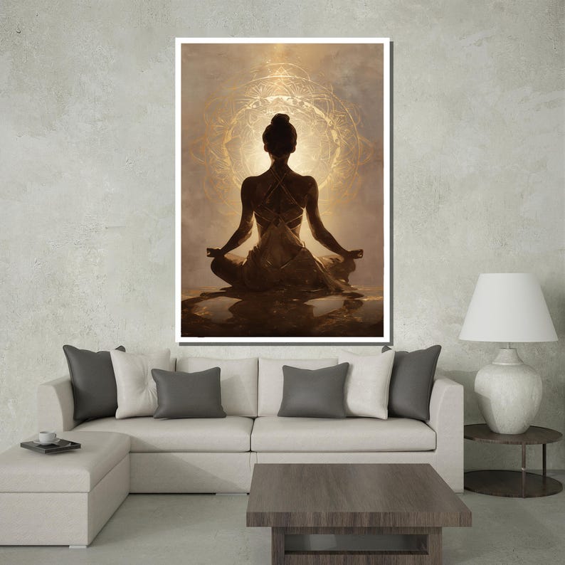 May include: A framed art print depicts a person in a meditative pose, silhouetted against a golden, circular design. The artwork is displayed above a modern sofa with gray and white pillows, a wooden coffee table, and a white lamp.
