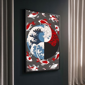 Pintura en lienzo de peces koi y Yin Yang: arte mural único de estilo japonés y regalo perfecto para los amantes de la naturaleza y el arte