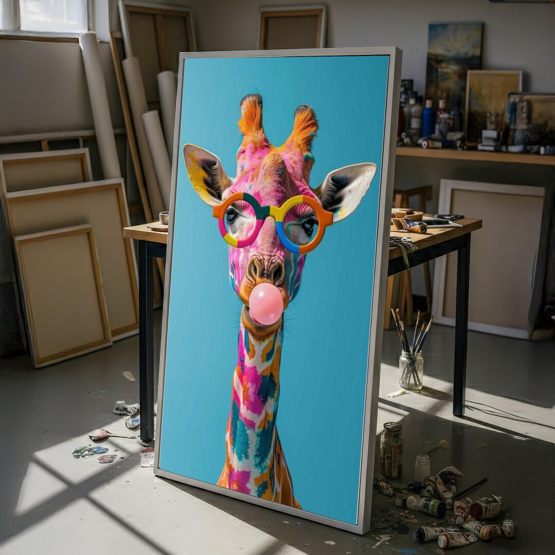 Colorful Giraffe With Bubblegum, Funky Glasses Canvas, Whimsical Animal ...