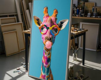 カラフルなキリンとバブルガム、ファンキーなメガネのキャンバス