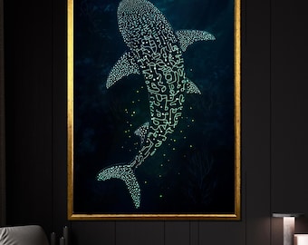 Whale Shark Canvas Painting, Glowing Deep Sea Wall Art, Ocean Animal Poster, Modern Home Decor, Marine Life Wall Decor, Unique Gift