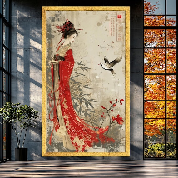 赤い着物を着たエレガントな芸者キャンバス、アジアの女性アート、伝統