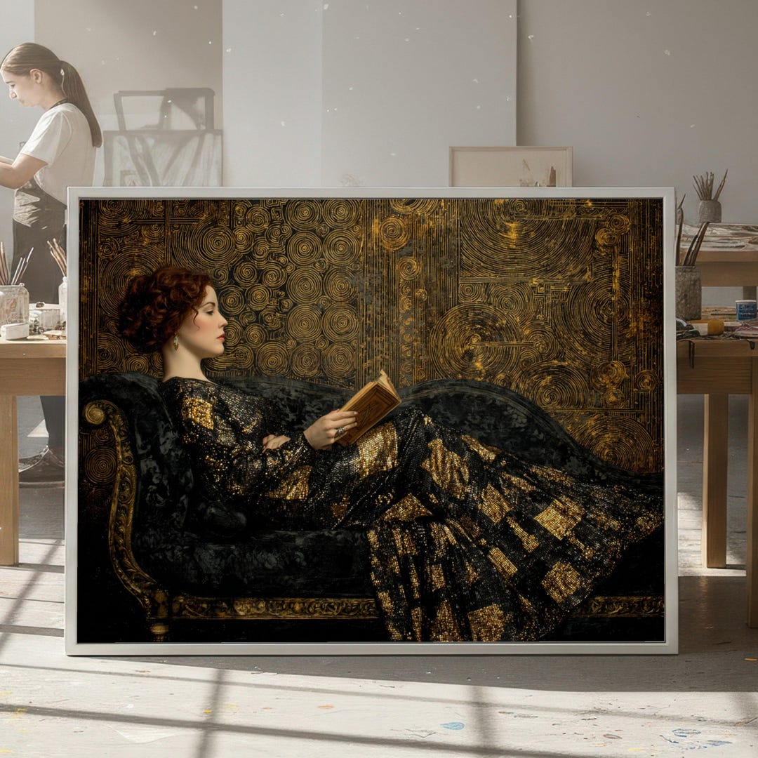 Gustav Klimt Woman Reading Canvas, Art Nouveau Wall Art, Gold Pattern ...
