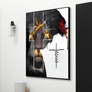 Christian Lion of Judah Canvas Wall Art - Jesus Cross Canvas Painting, Religious Inspirational Artwork, Faith-Based Home Decor, Unique Gift