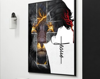Christian Lion of Judah Canvas Wall Art - Jesus Cross Canvas Painting, Religious Inspirational Artwork, Faith-Based Home Decor, Unique Gift
