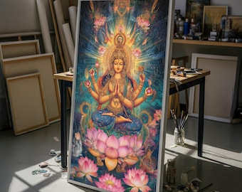 Divine Goddess Lakshmi Canvas Wall Art, Spiritual Hindu Deity Painting, Meditation Home Decor, Lotus Flower Art, Vibrant Sacred Art Gift