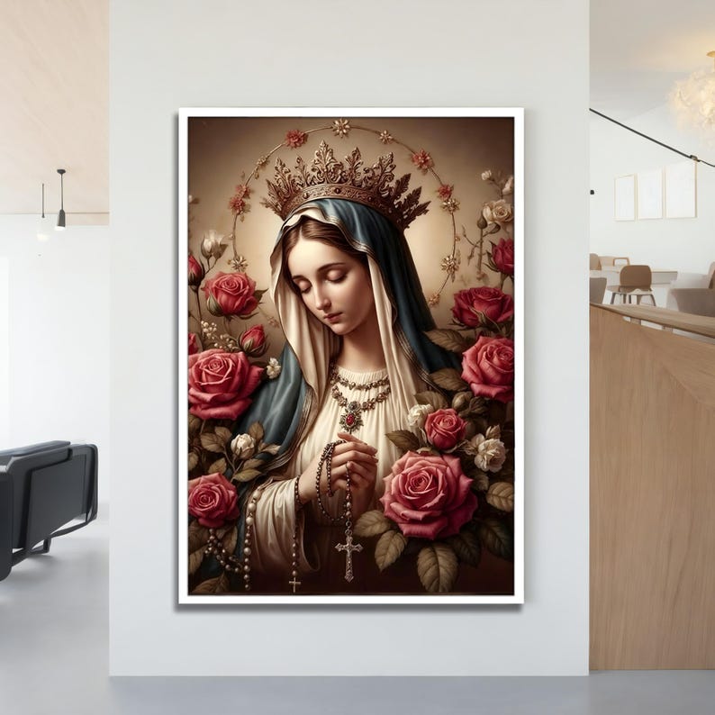 May include: A painting of the Virgin Mary, wearing a blue robe and a gold crown, holding a rosary and a cross. She is surrounded by red roses.