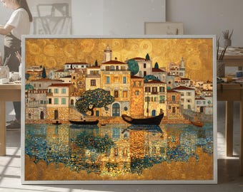 Gustav Klimt Mediterranean Harbor Canvas, Golden Reflection Wall Art, Classic Cityscape Canvas Print, Elegant Home Decor, Ready to Hang