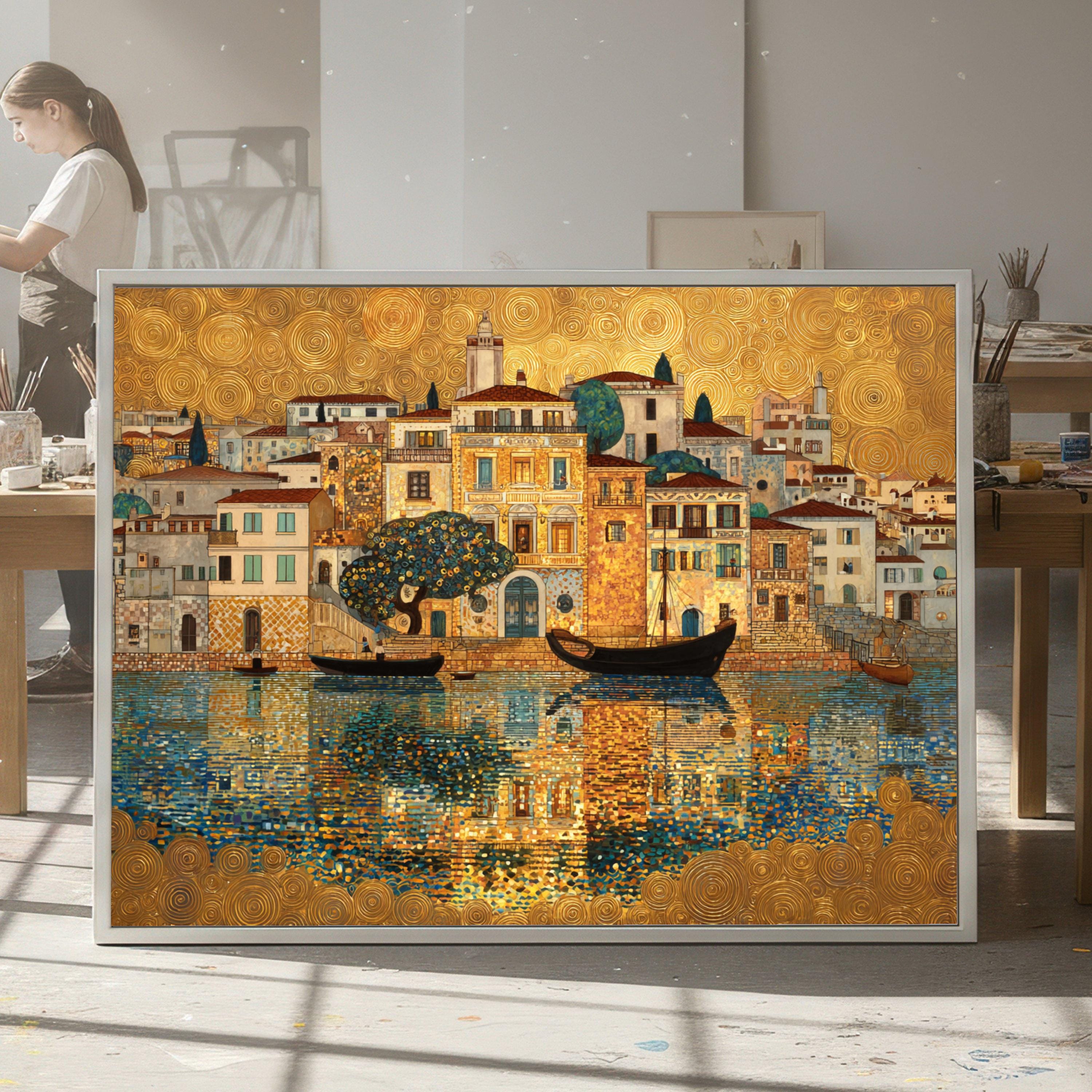 Gustav Klimt Mediterranean Harbor Canvas, Golden Reflection Wall