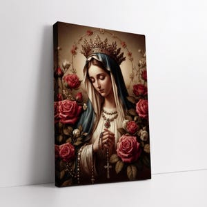May include: A painting of a woman wearing a crown and a blue robe, holding a rosary. She is surrounded by red roses.