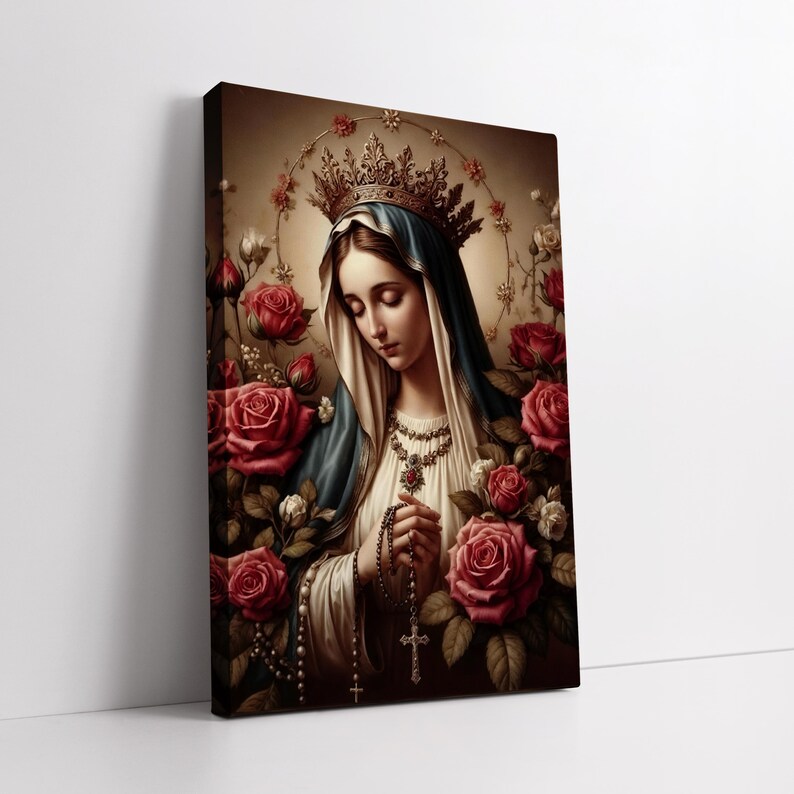 May include: A painting of a woman wearing a crown and a blue robe, holding a rosary. She is surrounded by red roses.
