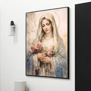 Graceful Virgin Mary with Roses Canvas Painting - Perfect Gift for Religious Art Collectors and Home Decor Enthusiasts
