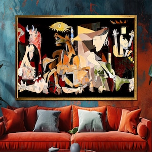 May include: A framed artwork with a gold border, depicting a cubist scene with figures, a bull, and a horse. The color palette includes black, white, red, and shades of brown and beige. The artwork hangs above a red sofa with gray pillows.