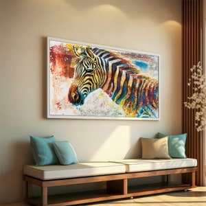 Pintura colorida em tela de zebra, arte vibrante da vida selvagem, decoração abstrata de animais, arte de parede de safari, presente para amante de zebra, pintura moderna em tela de animais