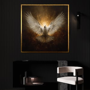 Holy Spirit Dove Canvas Painting, Spiritual White Bird Wall Art with Light Rays, Christian Home Decor for Living Room, Spiritual Gift