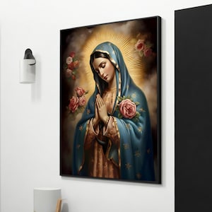 Exquisite Virgin Mary with Roses Canvas Painting - Perfect Gift for Religious Art Collectors and Home Decor Enthusiast
