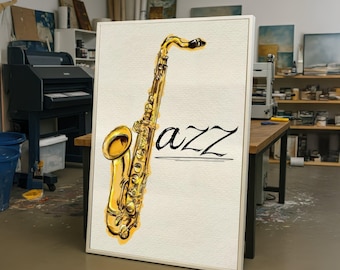 Golden Saxophone Jazz Canvas Wall Art, Musical Instrument Illustration, Modern Home Decor, Music Theme Wall Canvas, Ready to Hang Artwork
